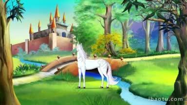 白色独角兽走在童话城堡附近的夏天手工动画